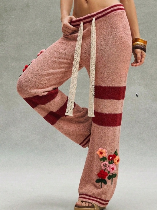 Pants - Cozy Floral Crochet Striped Straight leg Drawstring Pants